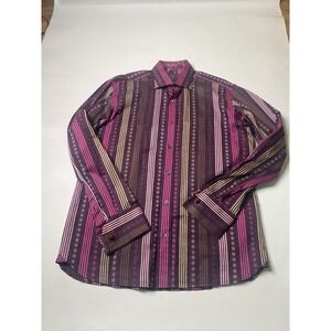 Ted Baker Button Down Collared Shirt Men's Size 16/40.5 Pink Gold Striped Brass
